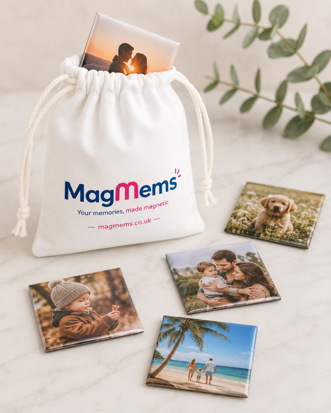 MagMems gift bag with square personalised photo magnets