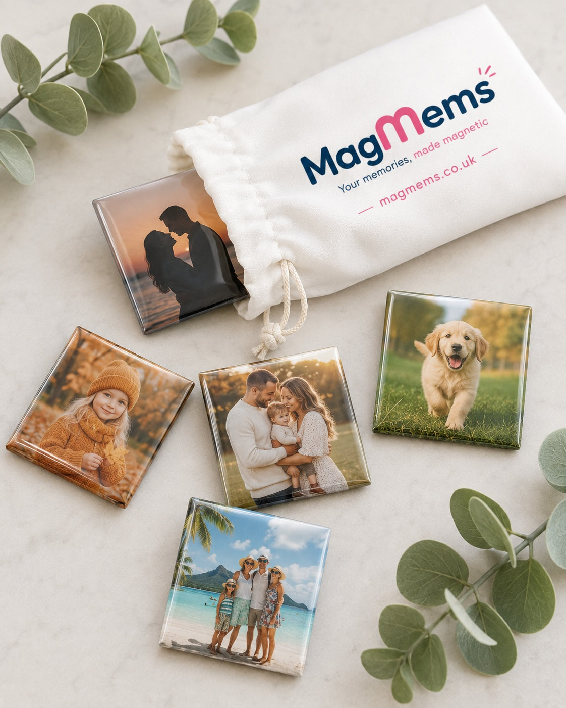 MagMems branded gift bag with personalised family, pet and travel photo magnets