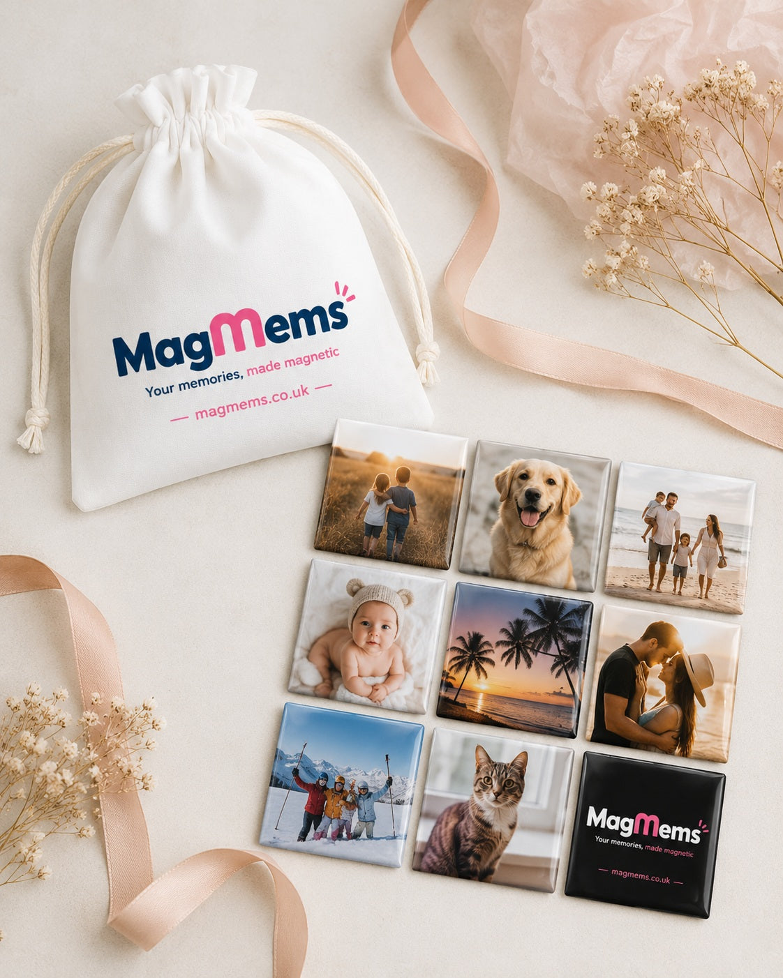 MagMems personalised photo magnets with family, pet and travel photographs beside the branded gift bag